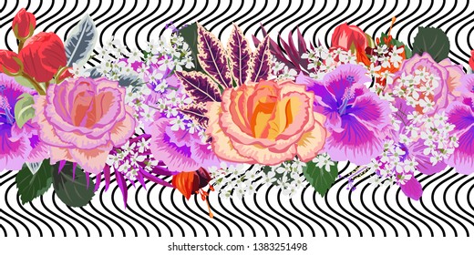 Seamless pattern with beautiful pink and red flowers on  striped background. Flower background for textile, cover, wallpaper, gift packaging, printing.Romantic design for calico. Horizontal border