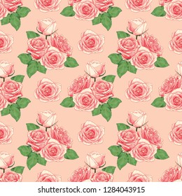 Seamless pattern beautiful pink Rose flowers on pastel color bacground.Vector illustration hand drawing watercolor style.