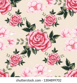 Seamless pattern beautiful pink Rose and Magnolia flowers on pink pastel color background.Vector illustration hand drawing line art.