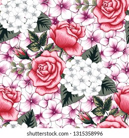 Seamless pattern beautiful pink Rose and hydrangea flowers abstract background.Vector illustration hand drawing line art.