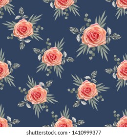 Seamless pattern beautiful pink Rose vintage flowers on isolated dark blue background.Vector illustration hand drawing watercolor style.