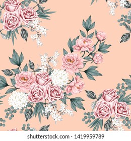 Seamless pattern beautiful pink Rose vintage,Paeonia flowers on isolated pink pastel color background.Vector illustration hand drawing watercolor style.