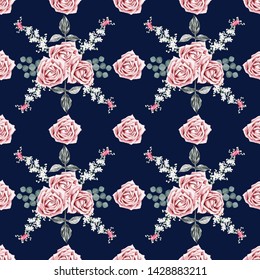 Seamless pattern beautiful pink Rose vintage flowers on isolated white background.Vector illustration hand drawing watercolor style.