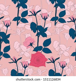 Seamless pattern beautiful pink Rose vintage flowers on pink pastel background.Vector illustration hand drawing line art.For fabric design.