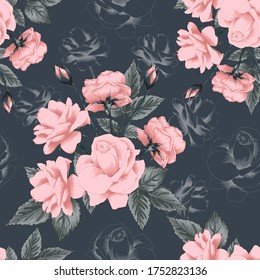 Seamless pattern beautiful pink Rose flowers vintage abstract background.Vector illustration hand drawing line art.for fabric textile design