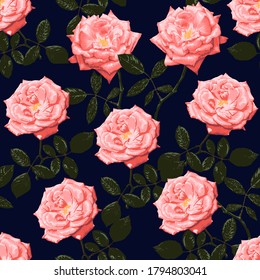 Seamless pattern beautiful pink Rose flowers vintage abstract background.Vector illustration hand drawing line art.for fabric textile design