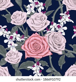 Seamless pattern beautiful pink rose and white Orchid flowers abstract background.Vector illustration hand drawing watercolor style.