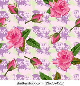 Seamless pattern with beautiful pink roses on colorful background of brush strokes. Flower background for textile, cover, wallpaper, gift packaging, printing.Romantic design. Vector.