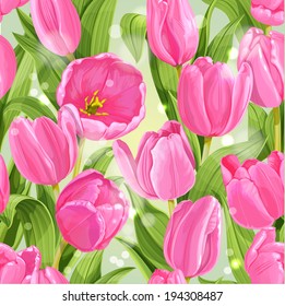 Seamless pattern of beautiful pink tulips realistic