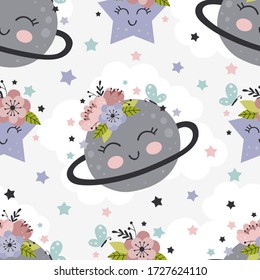 patrón ininterrumpido con bello planeta, estrella y flores
 - ilustración vectorial, eps
