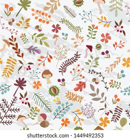 seamless pattern beautiful plants in autumn season,colorful flower and leaf,illustration vector doodle comic art.