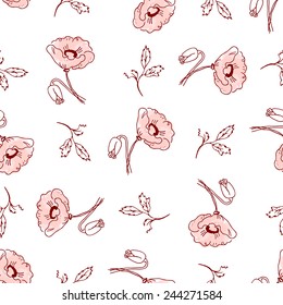 seamless pattern of beautiful poppy flowers and twigs with leaves on a white background in pink pastel colors. Vector illustration drawn by hand. Can be used for design, textiles, covers, wrapping