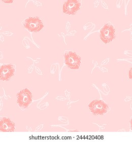 Seamless pattern of beautiful poppy flowers on a pink background in pink pastel colors. Vector illustration drawn by hand. Can be used for design, textiles, covers, wrapping paper, craft