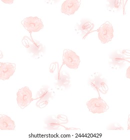 Seamless pattern of beautiful poppy flowers on a white background in pink pastel colors. Vector illustration drawn by hand. Can be used for design, textiles, covers, wrapping paper, craft