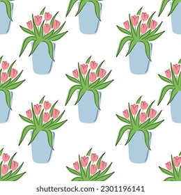 Patrón inmaculado con un hermoso jarrón con flores de tulipán frescas sobre fondo blanco. Dibujo manual de dibujos de dibujos planos de dibujos vectoriales. Tulipanes rosados en jarrón azul. Textil, de diseño, de envolvimiento