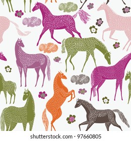 Seamless pattern of beautiful prancing horses in pastel colors