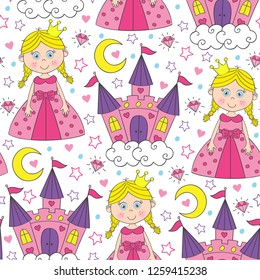 seamless pattern with beautiful princess and castle  - vector illustration, eps