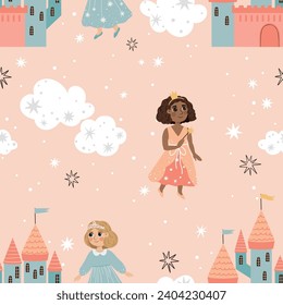 Seamless pattern with beautiful princess castles