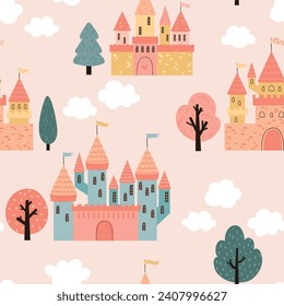 Seamless pattern with beautiful princess castles