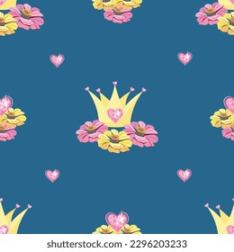 Seamless pattern for a beautiful princess. Vector patern with princess crown or tiara with heart shaped ornament.