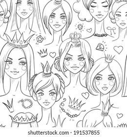 Seamless pattern with beautiful princesses. Vector illustration