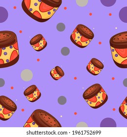 Seamless pattern with a beautiful purple background with cute and delicious cakes. Vector illustration.