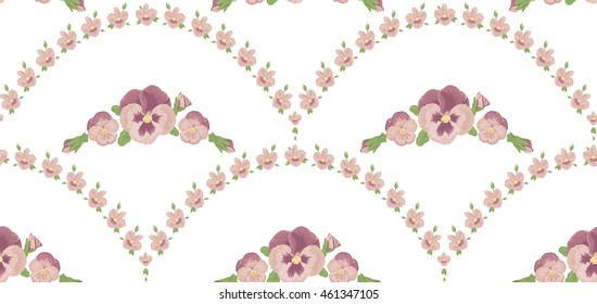 Seamless pattern beautiful purple pansies flowers, beige background, violet floral ornament