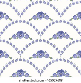 Seamless pattern beautiful purple pansies flowers, beige background, violet floral ornament