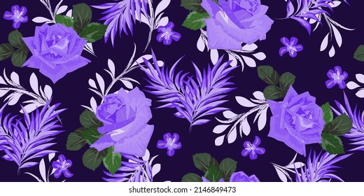 Seamless pattern with beautiful purple roses and palm leaves on a dark blue background. Flower background for textile, cover, wallpaper, packaging, printing.Romantic design. Vector.