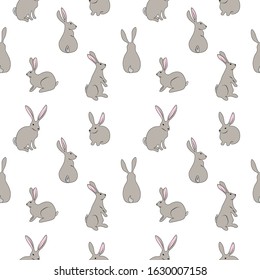 
Seamless pattern with beautiful rabbits on a white background. Stock vector illustration for decoration and design, packaging, wallpaper, fabrics, postcard, web pages, wrapping paper, Easter, textile