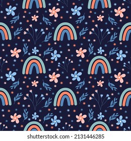 Seamless pattern with beautiful rainbows, leaves and flowers. Vector graphic on a black background. Hand drawing for cover design  phone cases,  t-shirt pillow prints, wrapping paper.