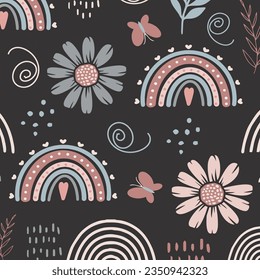 Seamless pattern with beautiful rainbows, leaves and flowers. Vector graphic on a black background. Hand drawing for cover design phone cases, t-shirt pillow prints, wrapping paper.