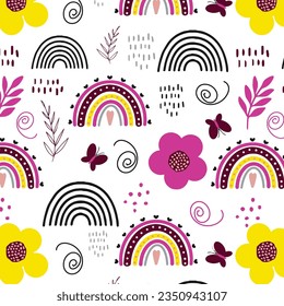 Seamless pattern with beautiful rainbows, leaves and flowers. Vector graphic on a white background. Hand drawing for cover design phone cases, t-shirt pillow prints, wrapping paper.
