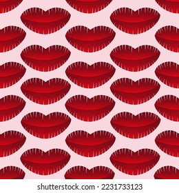 Nahtloses Muster mit schönen roten Cartoon-Lippen auf rosafarbenem Hintergrund. Tapete oder Stoffdruck. Valentinstag-Karte.