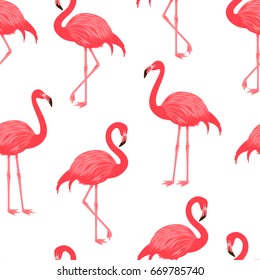 Seamless pattern with beautiful red flamingo. Vector illustration of exotic tropical bird on the white background.