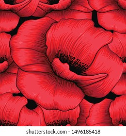 Seamless pattern beautiful red poppy flowers abstract background.Vector illustration hand drawing dry watercolor style.For textile fabric design