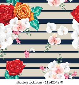 Seamless pattern beautiful red Rose and white Orchid flowers on dark blue abstract bacground.Vector illustration hand drawing watercolor style.