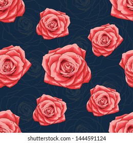 Seamless pattern beautiful red Rose flowers on dark blue color background.Vector illustration hand drawing line art.