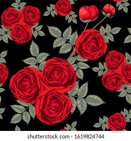 Seamless pattern beautiful red Rose flowers on dark blue abstract background.Vector illustration dry watercolor hand drawing line art style.For fabric design