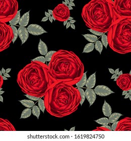 Seamless pattern beautiful red Rose flowers on dark blue abstract background.Vector illustration dry watercolor hand drawing line art style.For fabric design