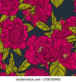 Seamless pattern with beautiful red rose flowers.