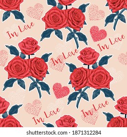 Seamless pattern beautiful red Rose flowers on heart abstract background.Vector illustration hand drawing print design for fabric or packaging.