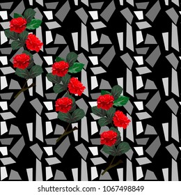 Seamless pattern with beautiful red roses on geometric background. Flower background for textile, cover, wallpaper, gift packaging, printing.Romantic design for calico, silk.