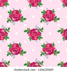 Seamless pattern with beautiful red roses and white dots on a light pink background.Summer Vector illustration in the style of shabby chic.Print for textile,fabric, wrapping paper,design a web site.