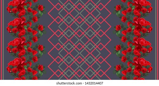 Seamless pattern with beautiful red roses and geometric tracery. Vertical border.Flower background for textile, cover, wallpaper, gift packaging, printing.Romantic design for calico, silk.
