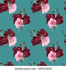 Seamless pattern with beautiful red roses. Vintage floral background for textile, cover, wallpaper, gift packaging, printing.Romantic design for calico, silk, home textiles.