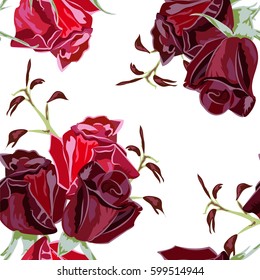 Seamless pattern with beautiful red roses. Vintage floral background for textile, cover, wallpaper, gift packaging, printing.Romantic design for calico, silk, home textiles.Close-up.