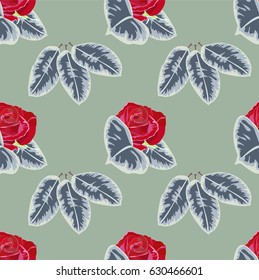 Seamless pattern with beautiful red roses and leaves of ficus. Hand-drawn floral background for printing on fabric, clothing, home textiles, wallpaper, gift wrapping. Romantic design.