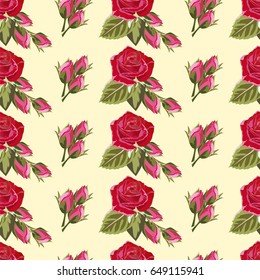 Seamless pattern with beautiful red roses. Vintage floral background for textile, cover, wallpaper, gift packaging, printing.Romantic design for calico, silk, home textiles.