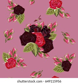 Seamless pattern with beautiful red roses. Vintage floral background for textile, cover, wallpaper, gift packaging, printing.Romantic design for calico, silk, home textiles.